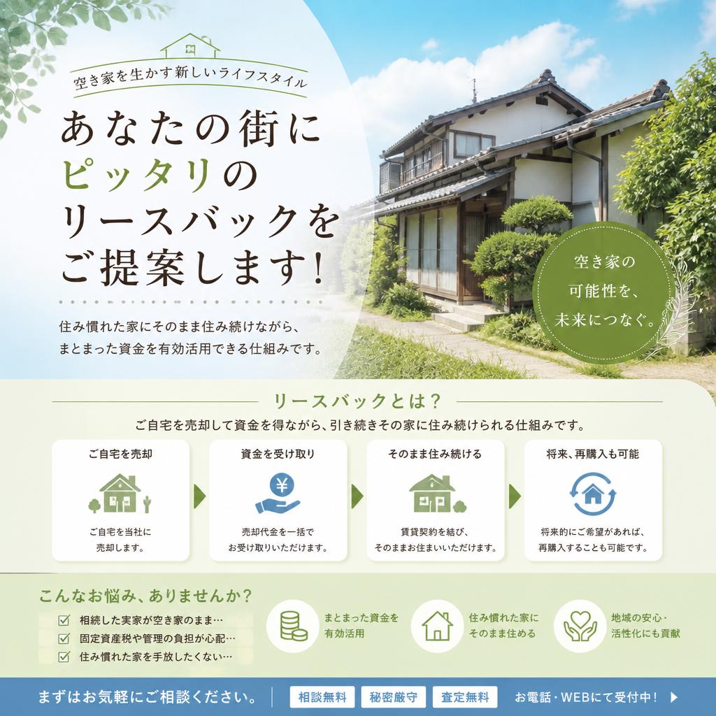 空き家を生かす新しいライフスタイル、あなたの街にピッタリのリースバックをご提案します！